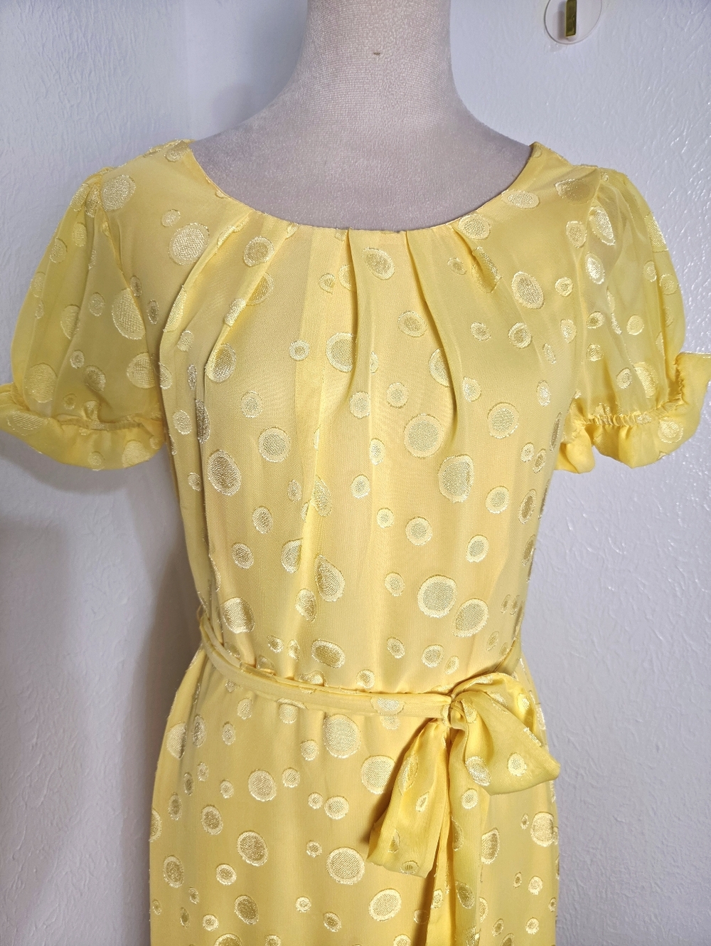 NY Collection Yellow Swiss Dot Tie-Waist Dress, Short Puff Sleeves, Size PM, NWT - Picture 5 of 14